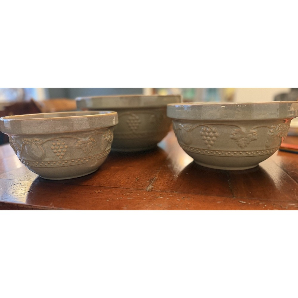 Vintage Stoneware Nesting Mixing Bowls Set of 3 Embossed Grapevine Sage Greige